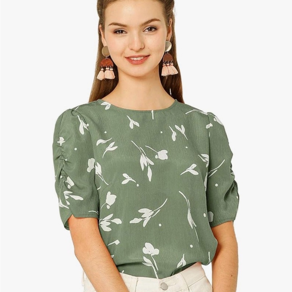 NWT Allegra K Sage Green Floral Top with Shirred Sleeves, Size Small - Picture 10 of 10
